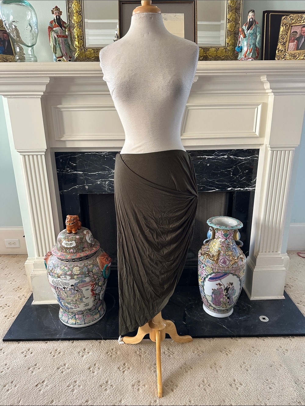 Charlotte Russe Olive Green Asymmetrical Draped Midi Skirt